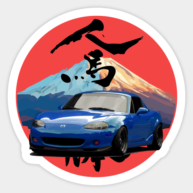 Blue Mazda Miata/MX-5 - Mount Fuji Jinba Ittai Roadster Life Sticker by mudfleap